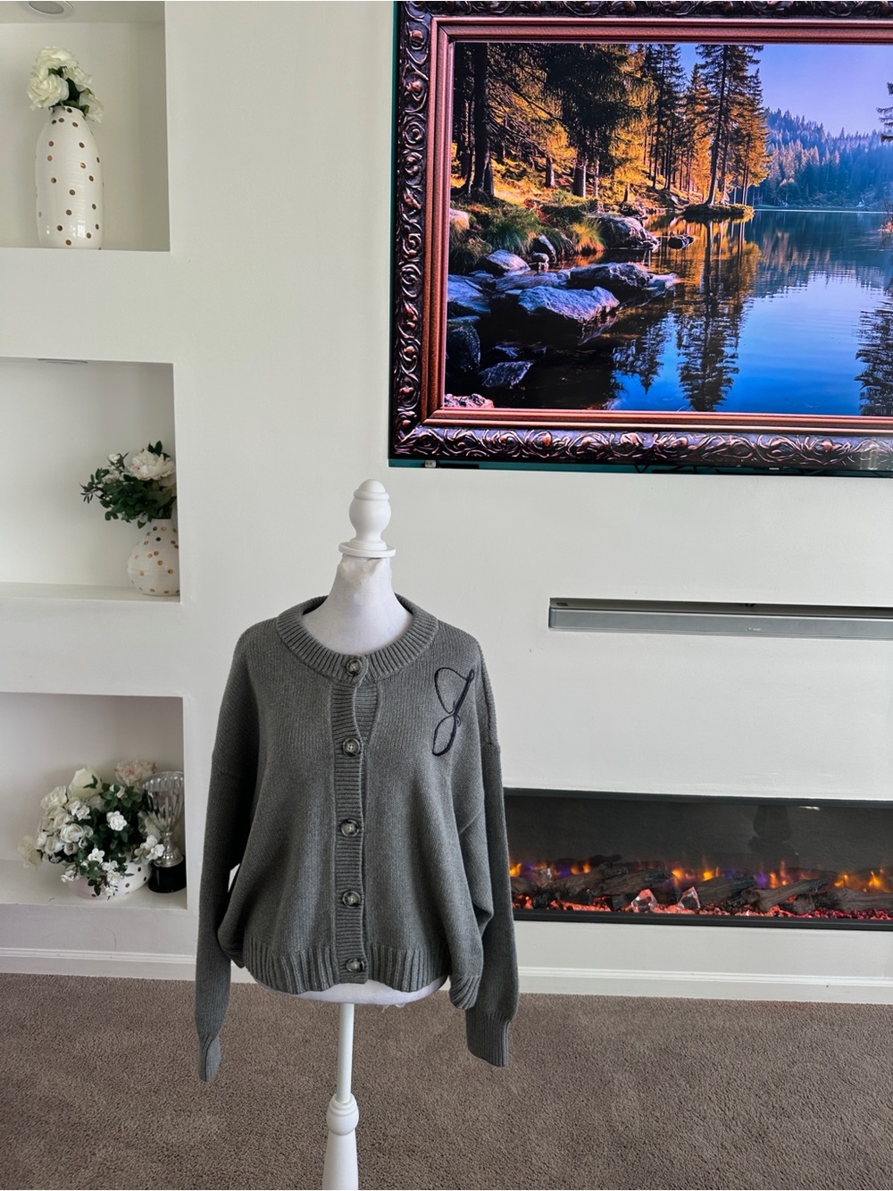 LOFT Gray Button-Front Women's Cardigan with Embroidered Accent
